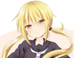 Rule 34 | 10s, 1girl, black serafuku, blonde hair, blush, eyebrows, hair between eyes, hair ornament, head tilt, ica, kantai collection, long hair, looking at viewer, multicolored background, necktie, parted lips, portrait, satsuki (kancolle), school uniform, serafuku, solo, twintails, two-tone background, white necktie, yellow eyes