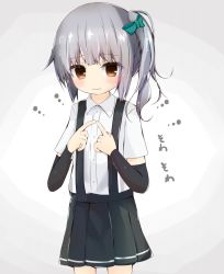 Rule 34 | 10s, 1girl, arm warmers, blush, bow, brown eyes, cowboy shot, fidgeting, green bow, grey background, grey hair, hair bow, half updo, index fingers together, kantai collection, kasumi (kancolle), looking away, looking down, nishihata kei, pleated skirt, school uniform, short hair, short sleeves, side ponytail, skirt, solo, standing, suspender skirt, suspenders, tareme, twiddling fingers