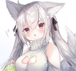 Rule 34 | 1girl, ahoge, animal ears, bare shoulders, blush, can, cat cutout, chestnut mouth, clothing cutout, commentary request, fox ears, fox girl, fox tail, gradient background, heart, heart-shaped pupils, highres, holding, holding can, long hair, looking at viewer, mole, mole under eye, open mouth, original, red eyes, rucaco, shoulder cutout, signature, silver hair, solo, sweater, symbol-shaped pupils, tail, translation request, turtleneck, turtleneck sweater, twintails, upper body, v-shaped eyebrows, white background, white sweater