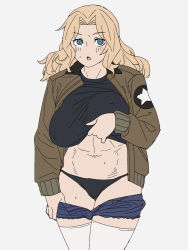 Rule 34 | 1girl, abs, black panties, blonde hair, blue eyes, blush, clothes lift, covered erect nipples, crop top, denim, denim shorts, girls und panzer, green jacket, highres, jacket, kay (girls und panzer), medium  hair, no bra, onsen tamago (hs egg), open clothes, open jacket, open mouth, panties, shirt, shirt lift, short shorts, shorts, solo, surprised, sweat, t-shirt, thighhighs, underwear, undressing, white background, white thighhighs