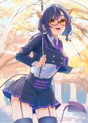 Rule 34 | 1girl, absurdres, black jacket, black skirt, black thighhighs, blue hair, blush, breasts, collared shirt, cowboy shot, cropped jacket, demon tail, garter straps, glasses, highres, holding, holding umbrella, horns, jacket, large breasts, long sleeves, medium breasts, naka1379, navel, necktie, open mouth, original, outdoors, purple necktie, rain, shirt, shirt tucked in, short hair, short twintails, sidelocks, skirt, smile, solo, tail, thighhighs, transparent, transparent umbrella, twintails, umbrella, white shirt, yellow eyes