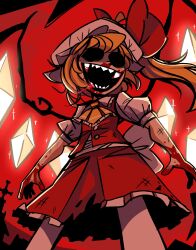 Rule 34 | 1girl, :d, absurdres, blood, blood on hands, crystal, dress, flandre scarlet, from below, hat, highres, layered skirt, long hair, mob cap, open mouth, peargor, ponytail, red background, red skirt, red vest, scratches, sharp teeth, side ponytail, skirt, smile, solid eyes, solo, teeth, torn clothes, touhou, vest, white dress, wings