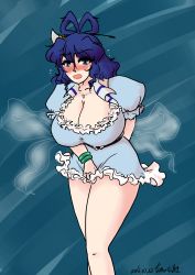 Rule 34 | 1girl, absurdres, artist name, blue eyes, blue hair, blush, breasts, cleavage, covering privates, covering crotch, curvy, dated, dress, dress tug, embarrassed, hair ornament, hair rings, hair stick, highres, huge breasts, jewelry, kaku seiga, looking at viewer, matching hair/eyes, nakatsu kuniaki, necklace, open mouth, puffy sleeves, shawl, short dress, short sleeves, solo, thick thighs, thighs, touhou, wide hips