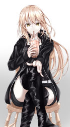 Rule 34 | 1girl, absurdres, artoria pendragon (all), artoria pendragon (fate), black footwear, black ribbon, blonde hair, boots, bubble tea, chair, crossed legs, drinking straw, fate/grand order, fate (series), fingernails, grey background, hair ribbon, highres, long fingernails, long hair, looking at viewer, outstretched arm, ponytail, raised eyebrows, ribbon, saber alter, saber alter (ver. shinjuku 1999) (fate), short hair, solo, thigh boots, thighhighs, thighs, yellow eyes, yu sa1126
