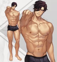 Rule 34 | 1boy, abs, artist name, bara, biceps, boxers, brown hair, commission, highres, jouvru, looking at viewer, male focus, male underwear, muscular, muscular male, navel, nipples, one eye closed, original, pectoral cleavage, pectorals, smile, solo, thick arms, thick thighs, thighs, topless male, underwear, yellow eyes