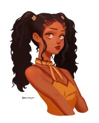 Rule 34 | 1girl, bee hair ornament, ben tang, breasts, brown eyes, cleavage, dark-skinned female, dark skin, draw this in your style challenge, earrings, hair behind ear, hair ornament, hairclip, highres, instagram username, jewelry, looking to the side, medium breasts, orange ribbon, orange shirt, original, ribbon, shirt, simple background, solo, upper body, white background
