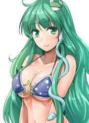Rule 34 | 1girl, adapted costume, bikini, breasts, cleavage, closed mouth, collarbone, commentary request, frog hair ornament, green eyes, green hair, hair ornament, hair tubes, halterneck, halterneck, highres, kochiya sanae, large breasts, long hair, looking at viewer, matching hair/eyes, navel, o-ring, o-ring bikini, smile, snake hair ornament, solo, star (symbol), stomach, swimsuit, touhou, underboob, upper body, white background, y2