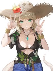 Rule 34 | 1girl, absurdres, au ra, belt, bikini, bikini top only, black bikini, blonde hair, bracelet, breasts, commission, denim, denim shorts, double v, dragon girl, dragon horns, dragon tail, final fantasy, final fantasy xiv, flower in hat, hat, hawaiian shirt, highres, horns, jewelry, looking at viewer, medium breasts, pendant, pink nails, ritence, shirt, shorts, solo, straw hat, swimsuit, tail, v, warrior of light (ff14), white background