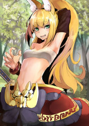 Rule 34 | 1girl, :d, animal ears, aqua eyes, arm behind head, arm up, armpits, bare shoulders, blonde hair, breasts, detached sleeves, etrian odyssey, forest, hair between eyes, long hair, long sleeves, looking at viewer, masurao (sekaiju), midriff, nature, navel, open mouth, outdoors, ponytail, rabbit ears, raised eyebrow, sekaiju no meikyuu, sekaiju no meikyuu 5, small breasts, smile, solo, stomach, strapless, sweat, teeth, ton (artist), tree, tube top