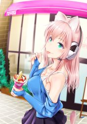 Rule 34 | 1girl, absurdres, animal ears, blush, breasts, cat ears, cat tail, ganari ryuu, green eyes, headphones, headset, highres, large breasts, long hair, looking at viewer, open mouth, original, pink hair, smile, solo, super tama musume, tail, tamatoys