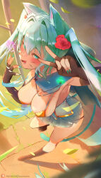Rule 34 | absurdres, animal ears, aqua eyes, aqua hair, blue eyes, blue hair, boots, breasts, cape, cat ears, cat girl, cat tail, cleavage, fangs, flower, flower on head, from above, full body, gloves, gold trim, hair between eyes, hair ornament, happy, hatsune miku, highres, hood, housou-kun, jewelry, large breasts, leaf, leather, leather boots, leather gloves, long hair, looking at viewer, nail polish, open mouth, panties, pendant, perspective, red flower, see-through, shiny clothes, shiny skin, skirt, smile, string panties, sunset, tail, tattoo, twintails, underwear, v, very long hair, vocaloid, whiskers