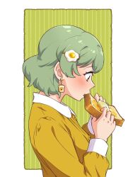 Rule 34 | 1girl, biting, bread, bread slice, butter, earrings, eating, edomon-do, food, food-themed earrings, food-themed hair ornament, fried egg, from side, green background, green hair, hair ornament, hairclip, highres, jewelry, long sleeves, looking down, mona lisa no zaregoto, shirt, short hair, solo, toast, upper body, wasabi (mona lisa no zaregoto), white background, yellow shirt