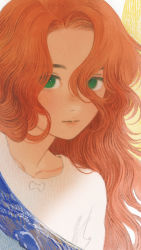 Rule 34 | 1girl, close-up, closed mouth, collarbone, commentary request, eyebrows, green eyes, hair between eyes, hair intakes, highres, light smile, long hair, looking at viewer, matayoshi, original, portrait, red hair, solo, wavy hair