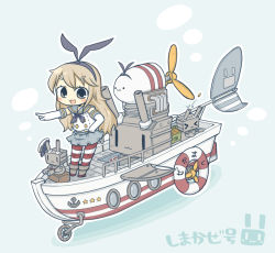 Rule 34 | &gt;:3, &gt; &lt;, 1girl, :3, anchor symbol, bad id, bad pixiv id, blonde hair, blue skirt, boat, bow, closed eyes, elbow gloves, gloves, hair bow, hairband, highres, kantai collection, lifebuoy, long hair, looking at viewer, motor vehicle, neckerchief, open mouth, parody, pleated skirt, pointing, propeller, rensouhou-chan, sailor collar, shimakaze (kancolle), skirt, solo, striped clothes, striped thighhighs, swim ring, thighhighs, v-shaped eyebrows, vehicle, wacky races, watercraft, yuasan, | |