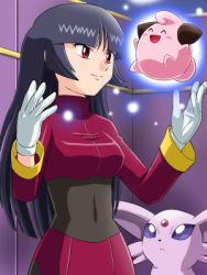Rule 34 | 1990s (style), 1girl, black hair, blunt bangs, cleffa, creatures (company), espeon, game freak, gen 2 pokemon, gloves, gym leader, hime cut, long hair, lowres, nintendo, pokemoa, pokemon, pokemon (creature), pokemon rgby, promotions (meme), psychic, red eyes, retro artstyle, sabrina (pokemon), smile