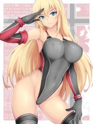 Rule 34 | 1girl, bismarck (kancolle), black one-piece swimsuit, blonde hair, blue eyes, breasts, closed mouth, competition swimsuit, covered erect nipples, covered navel, elbow gloves, english text, gloves, gluteal fold, grey gloves, grey one-piece swimsuit, grey thighhighs, hair between eyes, highleg, highleg swimsuit, highres, ixmmxi, kantai collection, large breasts, long hair, looking at viewer, multicolored clothes, multicolored swimsuit, one-piece swimsuit, red gloves, red one-piece swimsuit, salute, smile, solo, swimsuit, text background, thighhighs, two-tone gloves