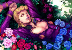 Rule 34 | 1boy, arms up, blonde hair, blue flower, blue rose, bug, flower, giorno giovanna, insect, jojo no kimyou na bouken, ladybug, lipstick, long sleeves, looking at viewer, lying, makeup, male focus, on back, pink eyes, pink flower, pink rose, purple flower, purple lips, purple rose, realistic, rose, solo, vento aureo, zishanjiang