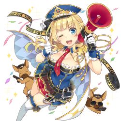 Rule 34 | 1girl, ;d, amelie mcgregor, argyle, belt, blonde hair, blue eyes, boots, braid, breasts, cape, cleavage, confetti, dog, epaulettes, french braid, gloves, gold trim, gun, handgun, hat, holding, long hair, looking at viewer, medium breasts, megaphone, mmu, necktie, official art, one eye closed, open mouth, peaked cap, pointing, police, police dog, police hat, police uniform, policewoman, round teeth, skirt, smile, solo, tape, teeth, thigh boots, thighhighs, transparent background, uchi no hime-sama ga ichiban kawaii, uniform, wavy hair, weapon, white gloves, white thighhighs