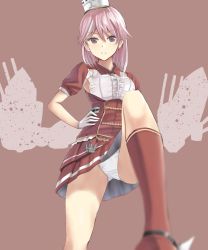 Rule 34 | 1girl, armpit cutout, boots, breasts, clothing cutout, from below, giuseppe garibaldi (kancolle), gloves, hand on own hip, hat, highres, kantai collection, looking at viewer, medium breasts, panties, pantyshot, pink eyes, pink hair, pleated skirt, red footwear, red skirt, short hair, short sleeves, skirt, solo, standing, underwear, upskirt, white gloves, white hat, white panties, yotsuya (gs)