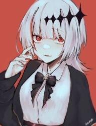 Rule 34 | 1girl, akane 22, artist name, black ribbon, blunt bangs, collared shirt, commentary, dtto., hand up, highres, looking at viewer, medium hair, parted lips, red background, red eyes, red nails, ribbon, scarz, shirt, short hair, signature, sketch, skull ornament, solo, symbol-only commentary, upper body, virtual youtuber, white hair, white shirt