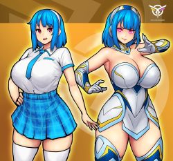 Rule 34 | 1girl, bare shoulders, blue hair, blue skirt, breasts, cleavage, collared shirt, cowboy shot, dress, erkaz, glowing, hairband, hand on own hip, highres, medium hair, multiple views, open mouth, original, plaid, plaid skirt, purple eyes, red eyes, rina atherina, shirt, shirt tucked in, short sleeves, skirt, smile, strapless, strapless dress, thighhighs, white hairband, white shirt, white thighhighs