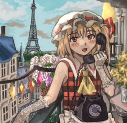 Rule 34 | 1girl, antique phone, ascot, blonde hair, blue sky, blush, building, cloud, cloudy sky, column, commentary request, crystal, cup, day, drinking glass, eiffel tower, elbow gloves, fang, flandre scarlet, flower, glass, gloves, hat, hat ribbon, holding, house, looking at viewer, mob cap, one side up, open mouth, outdoors, paris, phone, pillar, plaid, plaid shirt, plaid vest, plant, red eyes, red shirt, ribbon, rotary phone, scenery, shirt, short hair, side ponytail, skin fang, sky, sleeveless, smile, solo, touhou, tree, vest, white hat, window, wings, yellow ascot, yuyukosama17