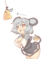 Rule 34 | 1girl, animal ears, bad id, bad pixiv id, bait, basket, blade (galaxist), blush, capelet, cheese, cursor, female focus, fishing hook, food, grey hair, mouse (animal), mouse ears, mouse tail, nazrin, no panties, open mouth, paw pose, red eyes, saliva, short hair, simple background, solo, tail, tears, torogao, touhou, white background