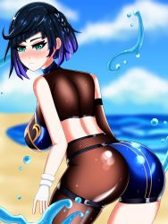 Rule 34 | 1girl, absurdres, ass, bare shoulders, blue hair, blush, breasts, crookyart, from behind, genshin impact, green eyes, highres, large breasts, leaning, leaning forward, looking at viewer, shiny clothes, shiny skin, short hair, short shorts, shorts, sideboob, smile, solo, swimsuit, thigh strap, water, yelan (genshin impact)