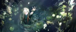 Rule 34 | 1girl, arm up, black coat, blue eyes, coat, commentary, flower, from above, grey hair, hand up, highres, isekaijoucho, kamitsubaki studio, light, light rays, lily pad, long hair, looking up, multicolored hair, nature, on water, outstretched arm, outstretched hand, plant, pond, red hair, scenery, short sleeves, solo, standing, streaked hair, sunbeam, sunlight, takanext, two-tone hair, vegetation, very long hair, virtual youtuber, water, white flower, wide sleeves, wristband, zipper pull tab