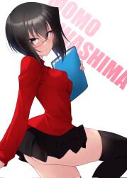 Rule 34 | 1girl, ass, black hair, black skirt, black thighhighs, breasts, brown eyes, character name, corrupted twitter file, cosplay, fate/stay night, fate (series), girls und panzer, highres, holding, holding notebook, kawashima momo, knee up, kuzuryuu kennosuke, long sleeves, medium breasts, miniskirt, monocle, notebook, parted lips, pleated skirt, red shirt, shirt, short hair, skindentation, skirt, solo, thighhighs, thighs, tohsaka rin, tohsaka rin (cosplay), ueda kana, voice actor connection