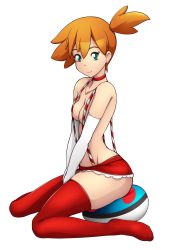 Rule 34 | 1girl, breasts, choker, christmas, creatures (company), full body, game freak, green eyes, highres, lalox, looking at viewer, misty (pokemon), nintendo, orange hair, pokemon, pokemon (anime), red neckwear, red skirt, red thighhighs, short ponytail, sitting, skirt, small breasts, smile, solo, suspenders, thighhighs, topless, wariza