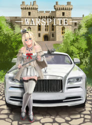 Rule 34 | 10s, 1girl, bare shoulders, blue eyes, braid, car, castle, character name, corset, crown, dress, french braid, hairband, holding, jewelry, kantai collection, kichiwo misaki, light brown hair, long hair, looking at viewer, machicolations, motor vehicle, necklace, off-shoulder dress, off shoulder, pleated skirt, rolls-royce, rolls-royce wraith, skirt, smile, solo, staff, thighhighs, vehicle focus, warspite (kancolle), white thighhighs, zettai ryouiki