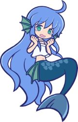 Rule 34 | 1girl, ahoge, aqua eyes, artist request, blue hair, choker, clenched hands, fins, full body, head fins, heart, long hair, lowres, mermaid, monster girl, navel, non-web source, open mouth, puyopuyo quest, scales, serilly (puyopuyo), solo, tears, transparent background, very long hair