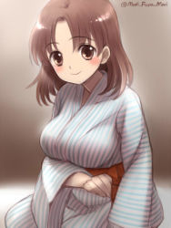 Rule 34 | 10s, 1girl, blush, breasts, brown background, brown hair, chiyoda (kancolle), closed mouth, eyebrows, japanese clothes, kantai collection, kimono, large breasts, long sleeves, looking at viewer, parted bangs, primary stage, sitting, smile, solo, striped, twitter username, wide sleeves