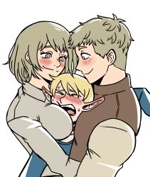 Rule 34 | blonde hair, blush, boy and girl sandwich, breasts, brother and sister, closed eyes, dungeon meshi, falin touden, falin touden (tallman), fizzysenpai, height difference, highres, laios touden, looking down, marcille donato, nose blush, sandwiched, siblings, simple background, upper body, white background