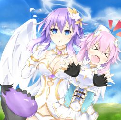 Rule 34 | &gt; &lt;, 10s, 2girls, blue eyes, blush, braid, breasts, cleavage, closed eyes, dual persona, eggplant, female focus, four goddesses online: cyber dimension neptune, gloves, hair ornament, height difference, highres, long hair, mctom, multiple girls, neptune (neptunia), neptune (series), open mouth, power symbol, power symbol-shaped pupils, purple hair, purple heart (neptunia), short hair, symbol-shaped pupils, wings