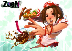 Rule 34 | 1girl, :o, blush, bob cut, bracelet, brown hair, cup, drink, drinking glass, drinking straw, food, frills, hat, hot dog, ice, jewelry, ketchup, open mouth, pickle, red eyes, red hair, short hair, solo, spill, striped, surprised, tomato, uniform, waitress, zeen84