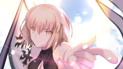 Rule 34 | &gt;:&lt;, 1girl, :&lt;, ahoge, bare shoulders, besmiled, blonde hair, breasts, cleavage, closed mouth, fate/grand order, fate (series), highres, jeanne d&#039;arc (fate), jeanne d&#039;arc alter (avenger) (fate), jeanne d&#039;arc alter (fate), medium breasts, pointing, sideboob, solo, standard bearer, upper body, v-shaped eyebrows, yellow eyes