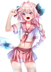 Rule 34 | 1boy, astolfo (fate), astolfo (sailor paladin) (fate), black bow, black ribbon, bow, braid, fang, fate/apocrypha, fate/grand order, fate (series), hair intakes, hair ribbon, highres, long braid, long hair, looking at viewer, male focus, multicolored hair, official alternate costume, open mouth, pink hair, purple eyes, rahato, red sailor collar, ribbon, sailor collar, single braid, smile, solo, streaked hair, trap, very long hair