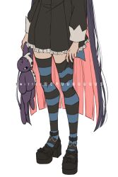 Rule 34 | 1girl, arms at sides, artist name, black dress, black footwear, black thighhighs, blue thighhighs, criis-chan, dress, frilled dress, frills, holding, holding stuffed toy, long sleeves, lower body, multicolored hair, panty &amp; stocking with garterbelt, pink hair, purple hair, simple background, solo, stocking (psg), striped clothes, striped thighhighs, stuffed animal, stuffed cat, stuffed toy, thighhighs, two-tone hair, white background, zettai ryouiki
