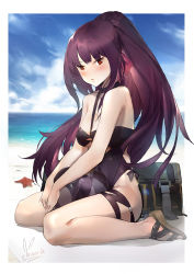 Rule 34 | ball, bare shoulders, beach, beachball, between breasts, black one-piece swimsuit, blue sky, blush, breasts, casual one-piece swimsuit, cleavage, covered navel, day, girls&#039; frontline, hair ribbon, halterneck, high ponytail, highres, horizon, large breasts, lens, long hair, looking at viewer, official alternate costume, one-piece swimsuit, open mouth, outdoors, ponytail, purple hair, red eyes, ribbon, sandals, shou xian wu, sitting, sky, solo, starfish, swimsuit, thigh strap, very long hair, wa2000 (girls&#039; frontline), wa2000 (op. manta ray) (girls&#039; frontline), wariza