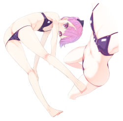 Rule 34 | 1girl, ass, bare arms, bare legs, bare shoulders, barefoot, bent over, bikini, bikini pull, breasts, butt crack, clothes pull, downpants, fate/grand order, fate (series), from behind, helena blavatsky (fate), helena blavatsky (swimsuit archer) (fate), helena blavatsky (swimsuit archer) (third ascension) (fate), kurokuro, looking at viewer, looking back, multiple views, navel, purple bikini, purple eyes, purple hair, simple background, small breasts, standing, swimsuit, white background
