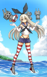 &gt;_&lt; 1girl anchor_hair_ornament artist_collaboration astlloto30 black_hairband blonde_hair blue_sailor_collar blue_sky breasts cloud commentary_request elbow_gloves full_body gloves green_eyes hair_ornament hairband high_heels highleg highleg_panties highres innertube kantai_collection long_hair lowleg lowleg_skirt maachin midriff miniskirt ocean panties rensouhou-chan ripples robot sailor_collar shimakaze_(kancolle) shirt skirt sky sleeveless sleeveless_shirt small_breasts smile solo striped_clothes striped_thighhighs swim_ring thighhighs underwear very_long_hair white_gloves