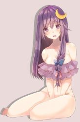 Rule 34 | 1girl, bad id, bad pixiv id, between legs, blush, bottomless, bow, breasts, cleavage, collarbone, crescent, crescent hair ornament, eyes visible through hair, hair between eyes, hair bow, hair ornament, hair ribbon, hand between legs, large breasts, long hair, navel, open mouth, patchouli knowledge, purple background, purple eyes, purple hair, ribbon, simple background, sitting, solo, stomach, thighs, toes, touhou, tress ribbon, varyu, very long hair, yokozuwari