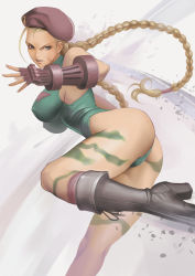 Rule 34 | 1girl, absurdres, ass, bare shoulders, beret, black footwear, blonde hair, blue eyes, bodypaint, boots, braid, breasts, cammy white, camouflage, commentary, covered erect nipples, curvy, dantewontdie, english commentary, fingerless gloves, gauntlets, gloves, green leotard, hat, high heel boots, high heels, highleg, highleg leotard, highres, huge ass, kicking, large breasts, leotard, lips, long hair, looking at viewer, looking to the side, parted lips, scar, scar on face, serious, solo, street fighter, thighs, thong leotard, twin braids, v-shaped eyebrows, very long hair, wide hips