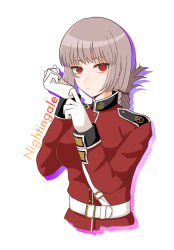 Rule 34 | 1girl, belt, braid, braided ponytail, breasts, character name, closed mouth, english text, fate/grand order, fate (series), florence nightingale (fate), glove pull, gloves, highres, jacket, large breasts, long hair, long sleeves, looking at viewer, military, military uniform, pink hair, red eyes, red jacket, sirius kae, solo, uniform, white background, white gloves