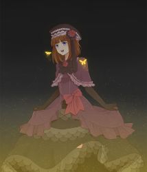 Rule 34 | 1girl, blue eyes, bow, bug, butterfly, clothes lift, dress, dress lift, elbow gloves, eva beatrice, female focus, flower, gloves, gradient background, hat, highres, insect, orange hair, ribbon, rose, solo, umineko no naku koro ni, zenzaizen