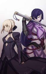 Rule 34 | 2girls, arm guards, armor, armored dress, artoria pendragon (all), artoria pendragon (fate), black dress, black gloves, blonde hair, breasts, choker, closed mouth, collarbone, commentary request, cowboy shot, dress, expressionless, fate/grand order, fate (series), fingerless gloves, gloves, gradient background, hair bun, hair ornament, hair ribbon, highres, katana, long hair, long sleeves, looking away, looking to the side, minamoto no raikou (fate), multiple girls, pale skin, puffy sleeves, purple dress, purple eyes, purple hair, ribbon, saber (fate), saber alter, simple background, single hair bun, sketch, small breasts, smile, standing, sword, tabard, tassel, terimayo, very long hair, weapon, white background, wide sleeves, yellow eyes