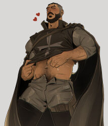 Rule 34 | 1boy, abs, arm hair, bara, beard, black hair, blush, boots, buzz cut, castlevania, castlevania: nocturne, chris sdd, cloak, clothes lift, cross print, dark-skinned male, dark skin, earrings, facial hair, from below, gradient hair, grey hair, heart, highres, jewelry, large pectorals, leather, leather pants, lifted by self, male focus, mature male, midriff peek, mizrak (castlevania), multicolored hair, muscular, muscular male, navel, navel hair, open fly, pants, pectorals, priest, shirt lift, short hair, shy, solo, stomach, sweat, thick eyebrows, thick mustache, thick thighs, thigh boots, thighs, undressing, very short hair