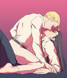 Rule 34 | 2boys, belt, black hair, black neckwear, blonde hair, blue eyes, collar, face-to-face, feet, final fantasy, final fantasy vii, final fantasy vii remake, formal, hand on another&#039;s arm, long hair, looking at another, male focus, multiple boys, necktie, profile, rufus shinra, shirt, short hair, sitting, sitting on person, square enix, tseng, turks (ff7), white shirt, wing collar, yaoi